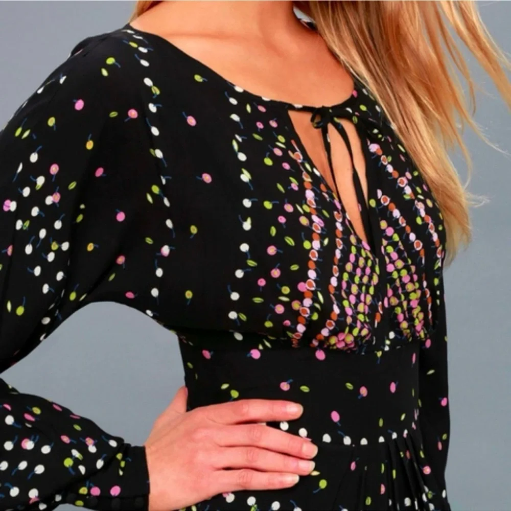 Free People Coryn Mini Dress Black Printed Open Back Long Sleeve Size 2